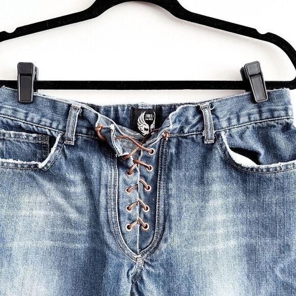 Free For Men Straight Leg Distressed Lace Up Cotton Denim Jeans Blue - Picture 1 of 10
